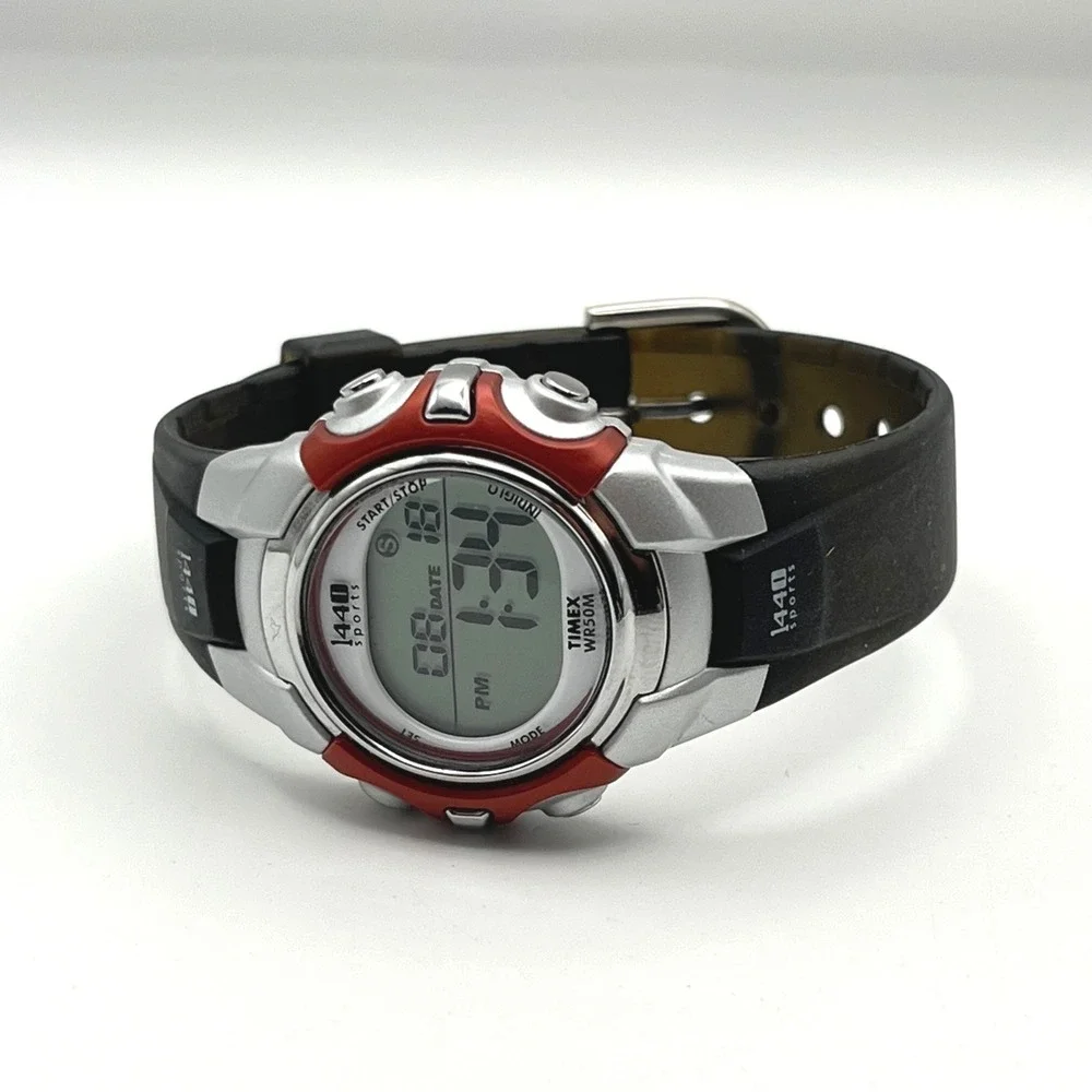Timex 1440 Sports Digital Watch‎ Silver Red Black Resin Strap WR 50M Indiglo